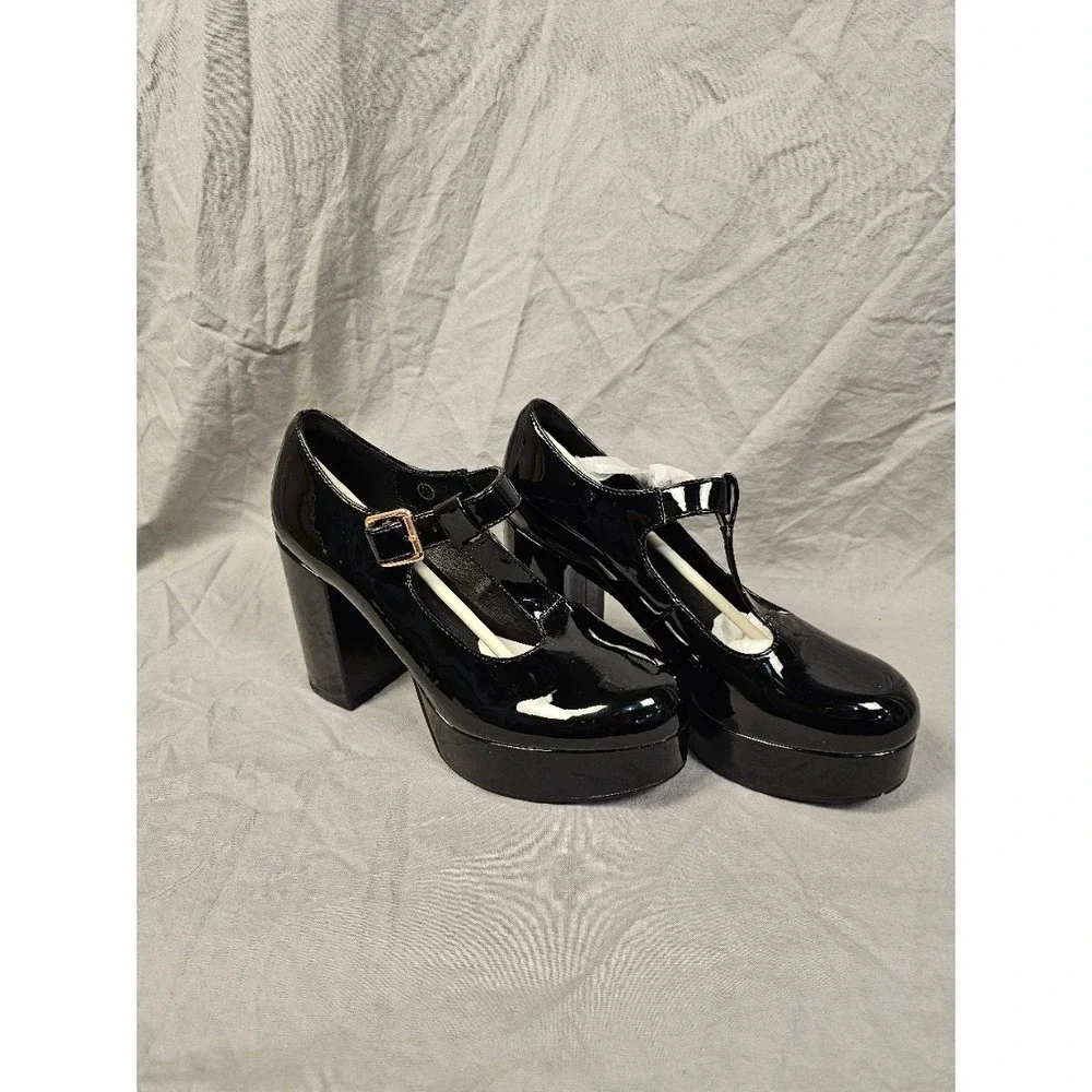 Coutgo Womens Black Patent T-Strap Mary Jane Platform Chunky Block Heel Pumps